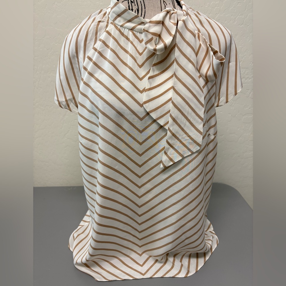 Talbots Tan and White Chevron Blouse Size M